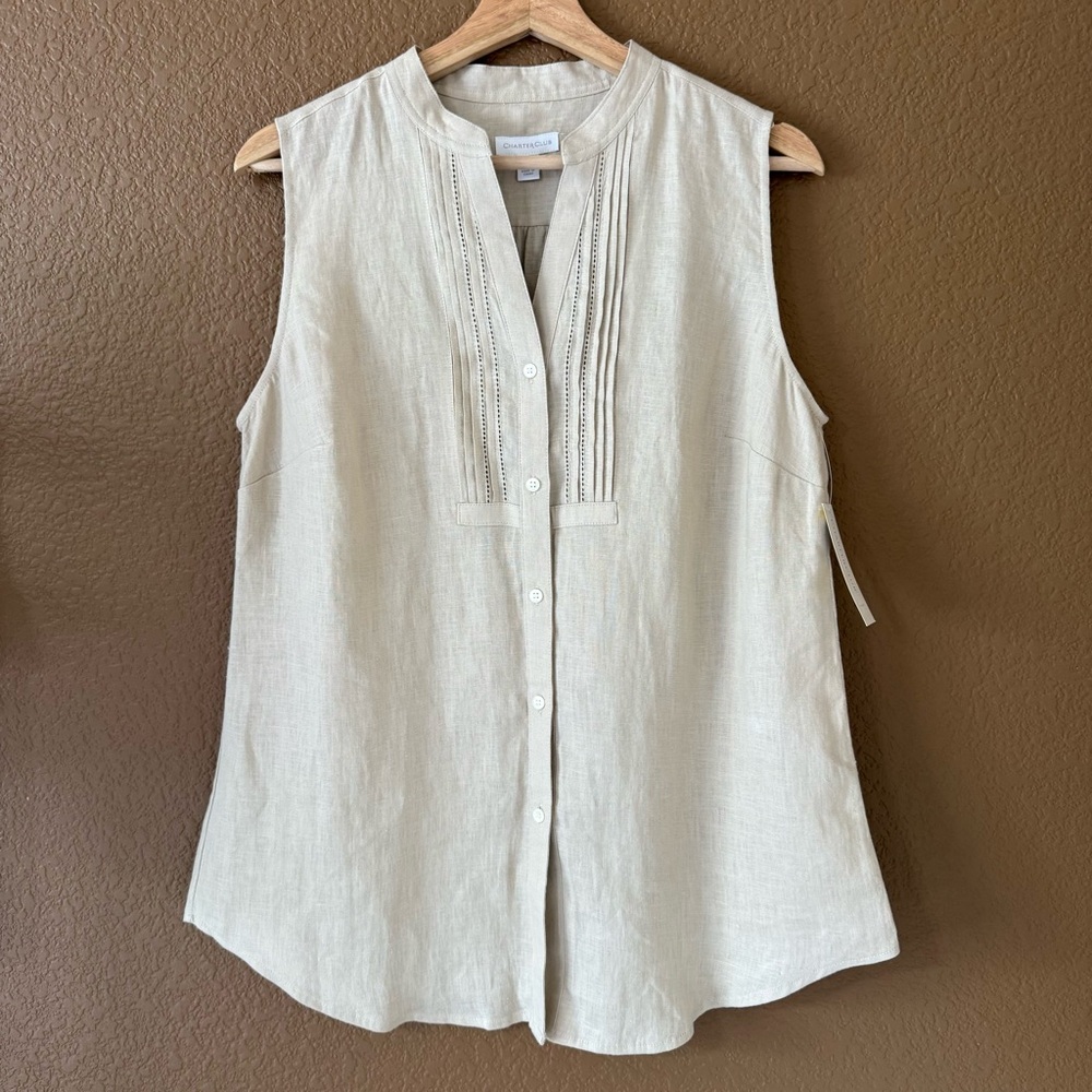 Charter Club NWT Sleeveless Button-Front Linen Top Beige Tan Oatmeal Sz M Beach